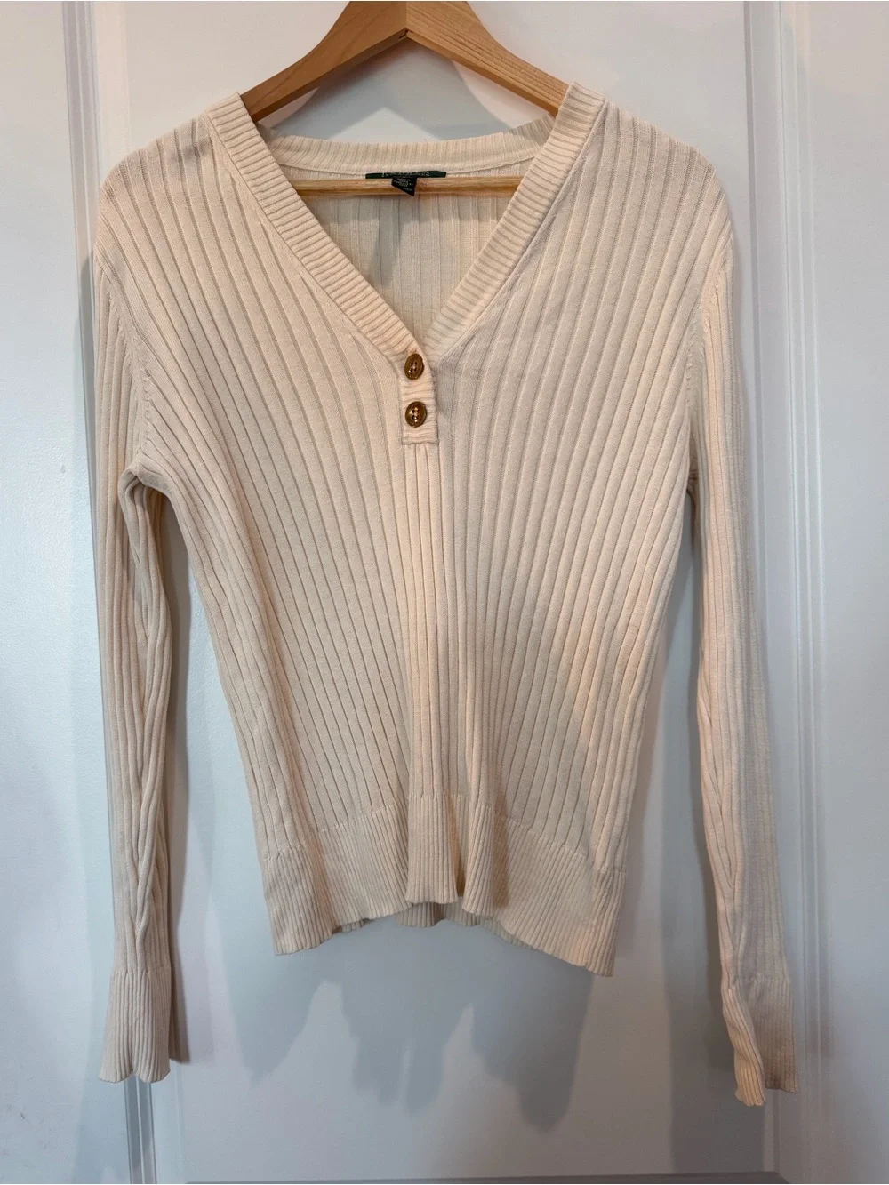 Lauren Ralph Lauren 100% Cotton Ivory Rib Knit Henley Sweater Women’s Large